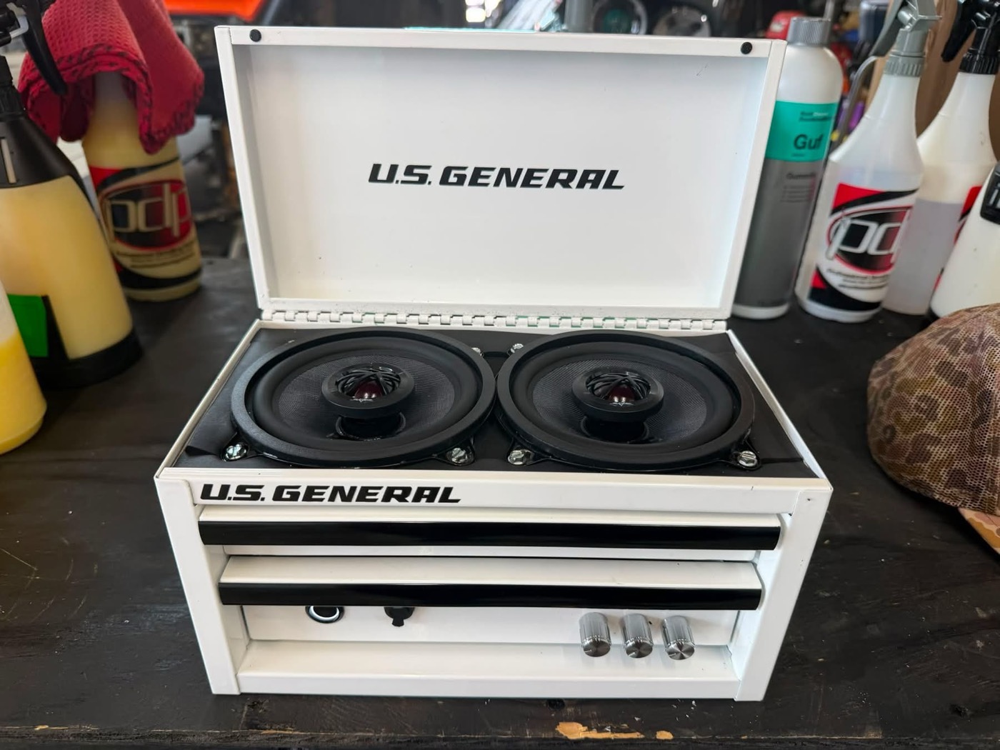 White U.S. General mini tool box speaker, lid open showing dual Skar Audio 5.25" speakers